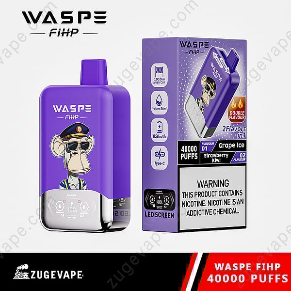 A Purple Waspe Fihp Vape Device With An Illustrated Monkey Character In A Uniform On The Front, Alongside Its Packaging Showcasing Dual Flavors, 40,000 Puffs, 850Mah Battery, And Led Screen Features.