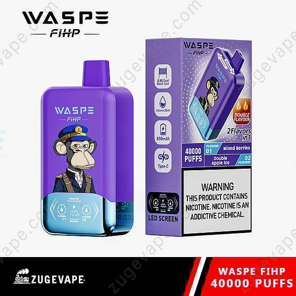 Purple Disposable Vape Device Branded &Quot;Waspe Fihp&Quot; With An Illustration Of A Monkey In A Military Uniform, Alongside Its Packaging Highlighting Features Like 40,000 Puffs, Dual Flavors, 36Ml Capacity, And 850Mah Battery.