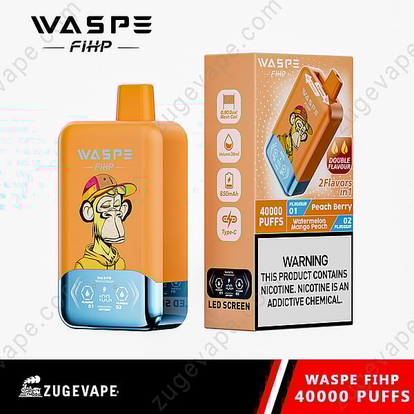 An Orange And Blue Vape Device Labeled &Quot;Waspe Fihp&Quot; With 40,000 Puffs Capacity, Dual Flavors (Watermelon Mango Peach And Peach Berry), Featuring Led Screen, 850Mah Battery, 36Ml Volume, And Type-C Charging, Displayed Alongside Its Packaging.