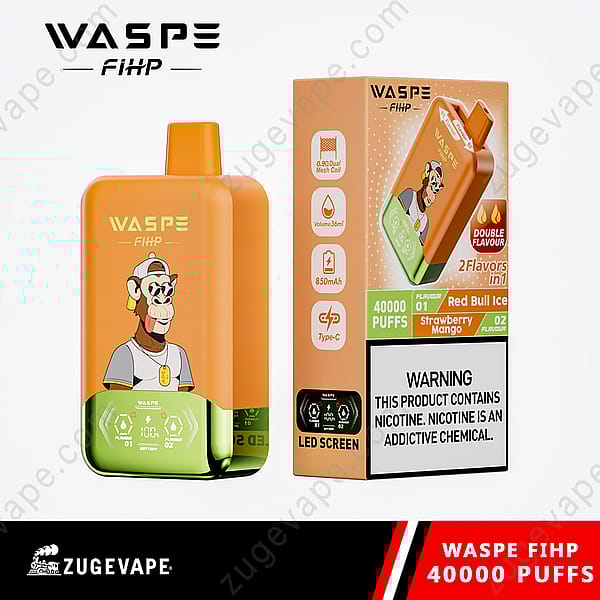 Waspe Fihp Disposable Vape Device With 40,000 Puffs, Dual Flavors (Red Bull Ice And Strawberry Mango), 36Ml Capacity, 850Mah Battery, Type-C Charging, Led Screen, And Bold Warning About Nicotine.