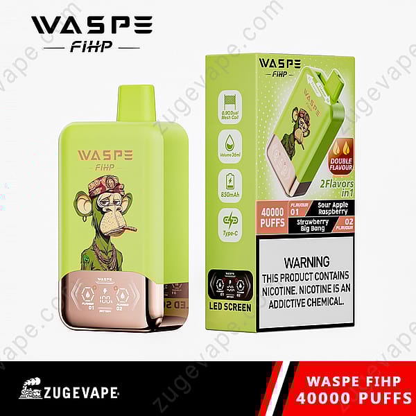 A Green Waspe Fihp Vape Device With 40,000 Puffs, Featuring Dual Flavors (Sour Apple Raspberry And Strawberry Big Bang), An Led Screen, 850Mah Battery, And Type-C Charging, Displayed With Packaging.
