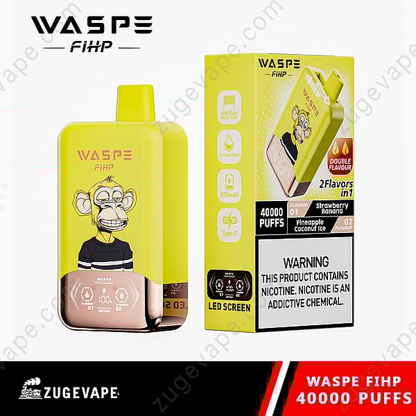 Yellow Waspe Fihp Vape Device And Packaging Featuring A Cartoon Monkey Design, Highlighting &Quot;40,000 Puffs,&Quot; Dual Flavors (Strawberry Banana And Pineapple Coconut Ice), And Specifications Like 850Mah Battery And Type-C Charging.