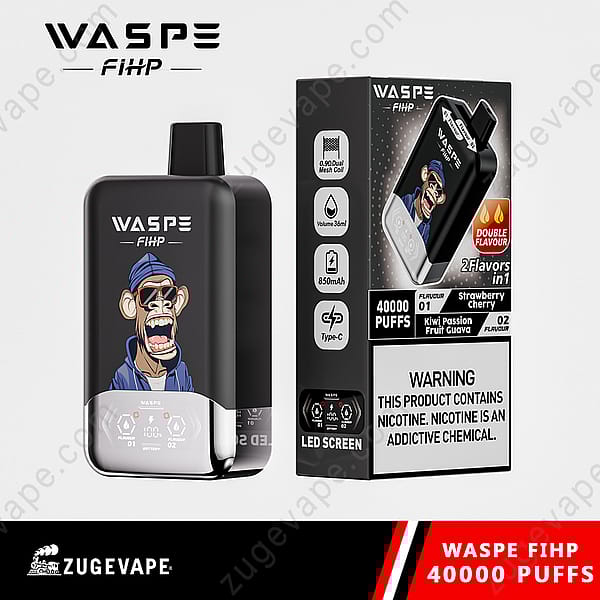 A Black Vape Device Labeled &Quot;Waspe Fihp&Quot; With A Cartoon Monkey Design, Featuring 40,000 Puffs, Dual Mesh Coil, 850Mah Battery, Led Screen, Type-C Charging, And Two Flavors: Strawberry Cherry And Kiwi Passion Fruit Guava.