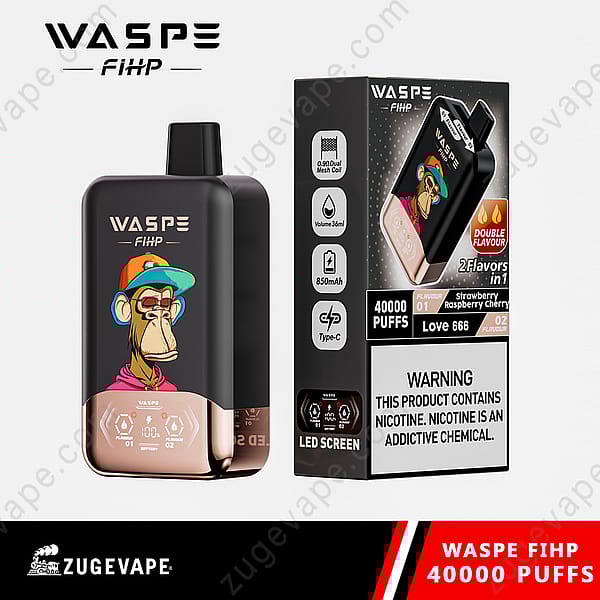 A Black Waspe Fihp Vape Device With A Cartoon Monkey Design, Featuring 40,000 Puffs, Dual Flavors, Led Screen, Type-C Charging, And 850Mah Battery, Shown With Its Packaging Highlighting &Quot;Strawberry Raspberry Cherry&Quot; Flavor And Nicotine Warning.