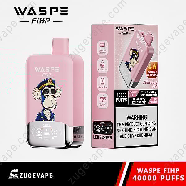 Pink Waspe Fihp Vape Device With A Cartoon Monkey In A Pilot Uniform, Featuring 40,000 Puffs, Dual Flavors, 850Mah Battery, And Type-C Charging.