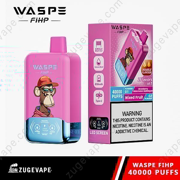 Pink Vape Device Labeled &Quot;Waspe Fihp&Quot; With An Illustrated Monkey Wearing A Red Cap, Featuring 40,000 Puffs, Dual Flavors (Strawberry Watermelon Bubblegum And Mixed Fruit), And An Led Screen, Alongside Its Packaging Displaying Similar Branding And Details.