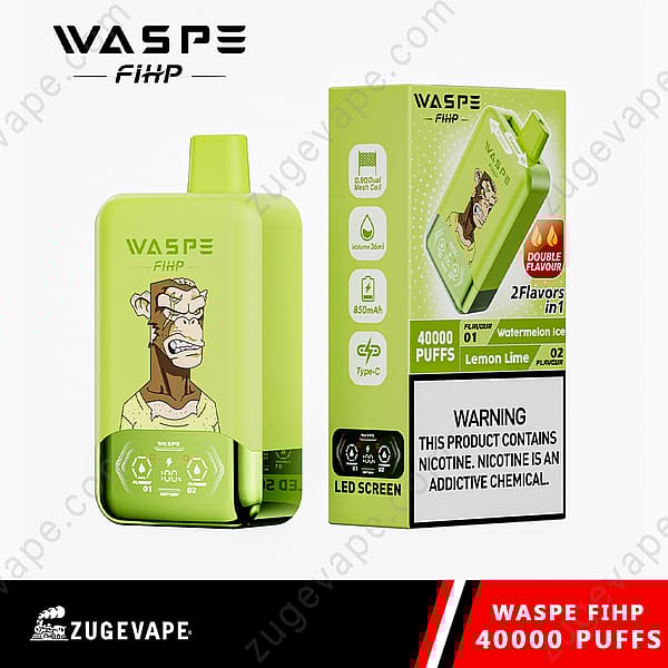 A Lime Green Disposable Vape Device Labeled &Quot;Waspe Fihp&Quot; With 40,000 Puffs, Dual Flavors (Watermelon Ice And Lemon Lime), Led Screen, 850Mah Battery, 36Ml Volume, And Type-C Charging, Displayed Alongside Its Packaging Featuring A Cartoon Gorilla Illustration.