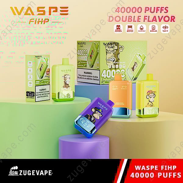 A Display Of Waspe Fihp 40000 Puffs Vaping Devices With Colorful Designs, Featuring &Quot;40,000 Puffs Double Flavor&Quot; Text And Product Packaging In A Modern, Pastel-Colored Setting.