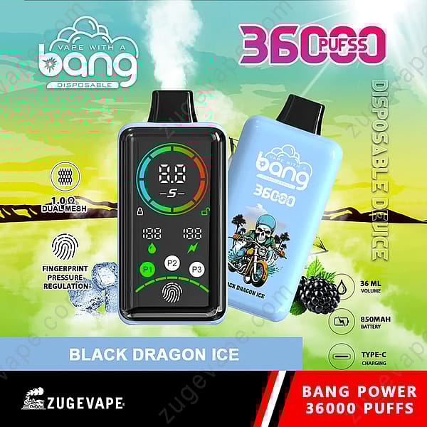 &quot;Vape desechable Bang con 36 000 bocanadas, sabor a hielo de dragón negro, con pantalla digital, regulación de presión de huellas dactilares, bobina de malla doble de 1,0 Ω, 36 ml de jugo electrónico, batería de 850 mAh y carga tipo C.&quot;