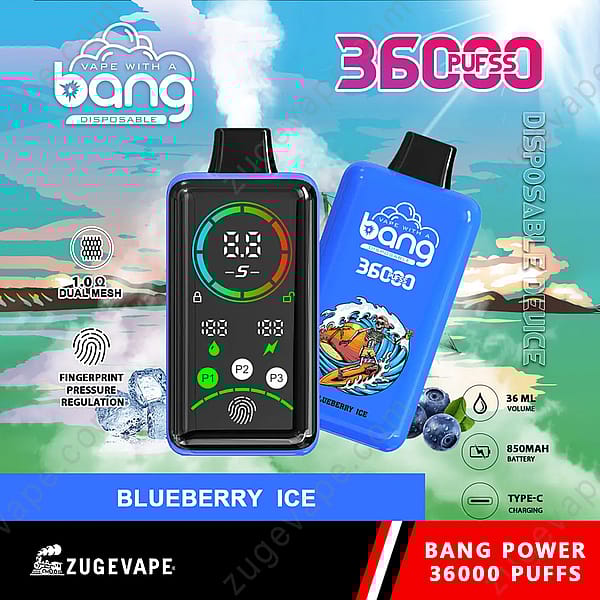 &quot;Dispositivo de vapeo desechable Bang con 36000 bocanadas, sabor a helado de arándano, pantalla digital, regulación de presión mediante huellas dactilares, bobina de malla doble, capacidad de 36 ml de e-líquido, batería de 850 mAh y carga USB-C.&quot;
