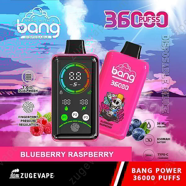 Dispositivo de vapeo desechable Bang con pantalla digital que muestra el recuento de bocanadas y la configuración, capacidad de 36 ml, batería de 850 mAh, carga tipo C, bobina de malla doble y sabor a arándano y frambuesa, sobre un fondo violeta y azul vibrantes.