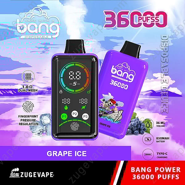 Un dispositivo de vapeo desechable morado etiquetado como &quot;Bang 36000 Puffs&quot; con sabor a &quot;Grape Ice&quot;, que cuenta con una pantalla digital, regulación de presión de huellas dactilares, batería de 850 Mah, volumen de 36 ml y carga tipo C.