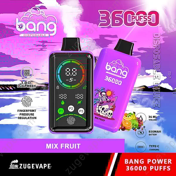 &quot;Vape desechable Bang con 36 000 bocanadas, regulación de presión mediante huella dactilar, bobina de malla doble, capacidad de 36 ml de e-líquido, batería de 850 mAh y carga tipo C, con un sabor a mezcla de frutas y un diseño morado vibrante&quot;.