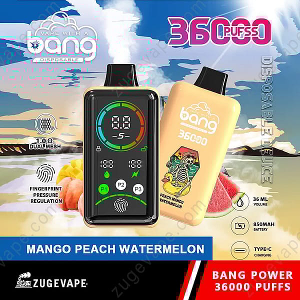 Bang Vape desechable con 36.000 bocanadas, pantalla digital, regulación de presión mediante huellas dactilares, bobina de malla doble de 1,0 Ω, capacidad de líquido de 36 ml, batería de 850 mAh, carga tipo C y sabor a mango, melocotón y sandía.