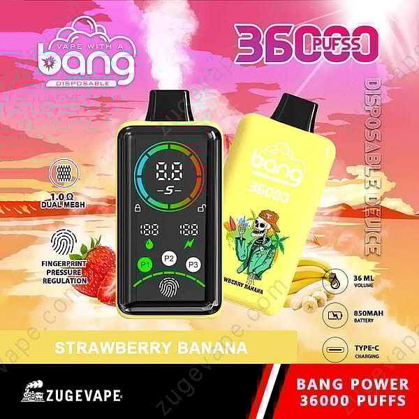 Un dispositivo de vapeo desechable etiquetado como &quot;Bang 36000 Puffs&quot; con sabor a fresa y plátano, que cuenta con una pantalla digital, regulación de presión de huellas dactilares, bobina de malla doble, capacidad de 36 ml, batería de 850 Mah y carga tipo C.