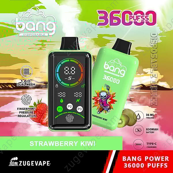 &quot;Vape desechable Bang con 36000 bocanadas, regulación de presión de huella dactilar, bobina de malla doble, sabor a fresa y kiwi, volumen de 36 ml, batería de 850 mAh y carga tipo C.&quot;
