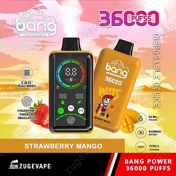 Un dispositivo de vapeo desechable amarillo etiquetado como &quot;Bang 36000 Puffs&quot; con sabor a &quot;fresa y mango&quot;, que cuenta con una pantalla digital, regulación de presión de huellas dactilares, batería de 850 Mah, volumen de 36 ml y carga tipo C.