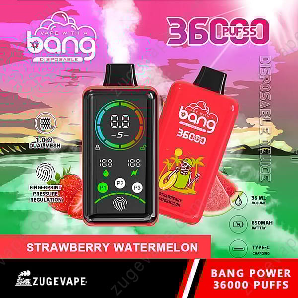&quot;Vape desechable Bang con 36000 bocanadas, sabor a fresa y sandía, con pantalla digital, volumen de 36 ml, batería de 850 mAh, carga tipo C, tecnología de doble malla y regulación de presión mediante huellas dactilares.&quot;