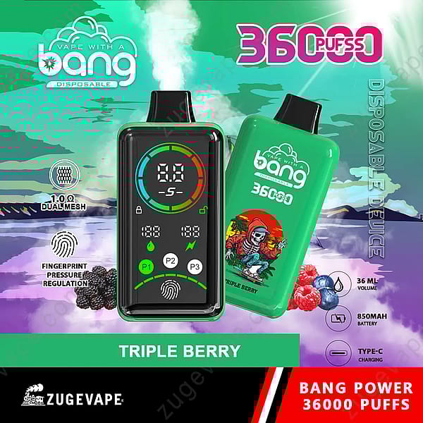 &quot;Dispositivo de vapeo desechable Bang con 36000 bocanadas, triple sabor a frutos del bosque, regulación de presión mediante huella dactilar, bobina de malla doble de 1,0 Ω, volumen de 36 ml, batería de 850 mAh y carga tipo C.&quot;
