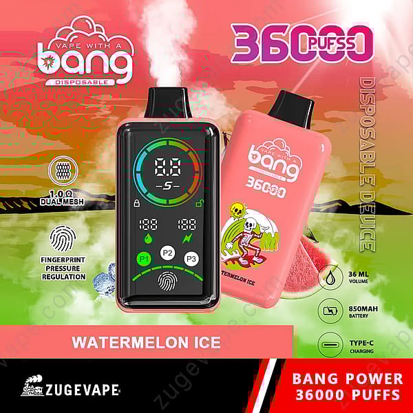 Dispositivo de vapeo desechable Bang 36000 Power con pantalla digital que muestra el recuento de bocanadas y la configuración, capacidad de 36 ml, batería de 850 mAh, carga tipo C, bobina de malla doble y sabor a helado de sandía, sobre un fondo naranja y verde vibrantes.