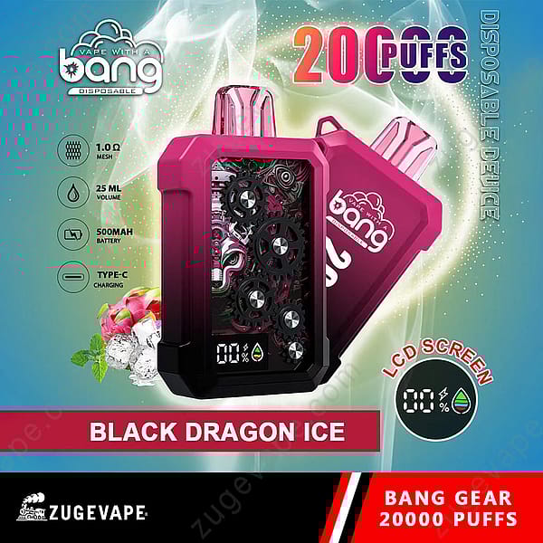 &quot;Dispositivo de vapeo desechable Bang, sabor a hielo de dragón negro, 20 000 bocanadas, volumen de 25 ml, batería de 500 mAh, carga tipo C, pantalla LCD que muestra los niveles de batería y líquido.&quot;
