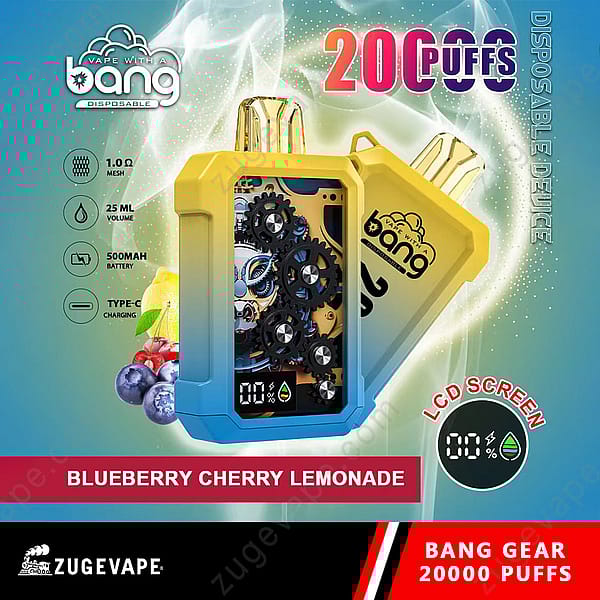 Un dispositivo de vapeo desechable con 20.000 bocanadas, sabor a limonada de arándanos y cerezas, con una capacidad de 25 ml de líquido electrónico, batería de 500 mAh, carga tipo C, una bobina de malla de 1,0 Ω y una pantalla LCD que muestra información de uso.