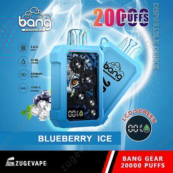 Dispositivo de vapeo desechable Bang Gear con sabor a helado de arándano con 20 000 bocanadas, capacidad de 25 ml, batería de 500 mAh, carga tipo C, bobina de malla de 1,0 Ω, pantalla LCD y diseño de engranaje mecánico.