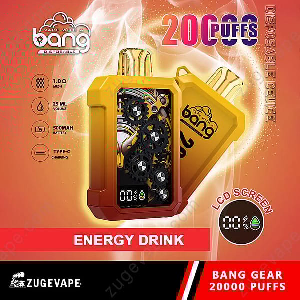 &quot;Dispositivo de vapeo desechable Bang Gear con 20 000 bocanadas, sabor a bebida energética, pantalla LCD, bobina de malla de 1,0 Ω, capacidad de 25 ml de e-líquido, batería de 500 mAh y carga tipo C.&quot;