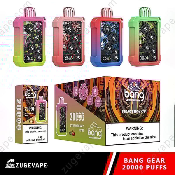 Dispositivos de vapeo desechables Bang Gear en diseños coloridos con interiores visibles similares a engranajes, exhibidos junto con paquetes etiquetados &quot;20,000 Puffs&quot; y &quot;Strawberry Kiwi&quot;, con un texto de advertencia de salud.