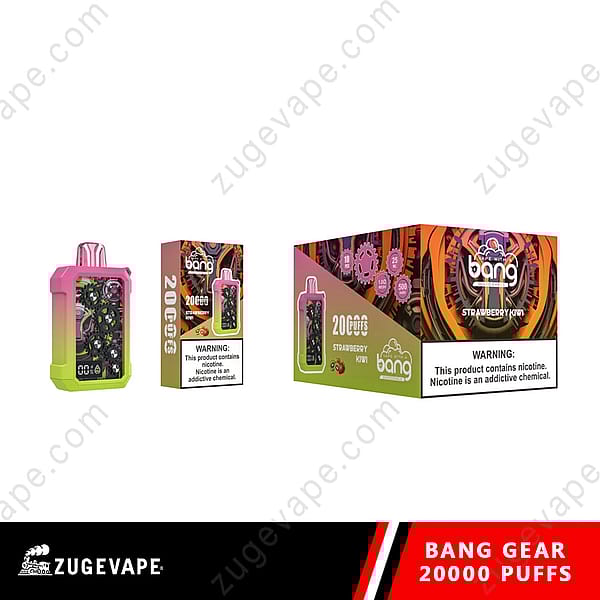 Un dispositivo de vapeo desechable Bang Gear con 20.000 bocanadas, sabor fresa y kiwi, exhibido junto a su empaque, con diseños coloridos y una advertencia sobre la nicotina.