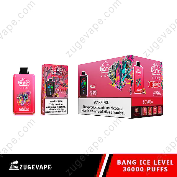 Un dispositivo per svapare rosa con l'etichetta "Bang Ice" sulla confezione, che presenta una grafica colorata e un'avvertenza sulla dipendenza da nicotina.