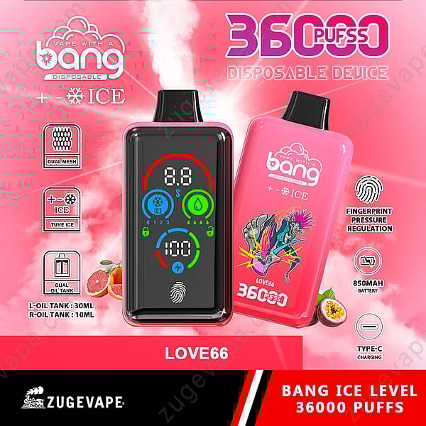 Un dispositivo per svapare monouso Pink Bang con 36.000 boccate, dotato di regolazione della pressione tramite impronta digitale, doppi serbatoi dell'olio (30 ml e 10 ml), batteria da 850 mAh, ricarica di tipo C e aroma di ghiaccio con livelli di raffreddamento regolabili visualizzati su uno schermo digitale.