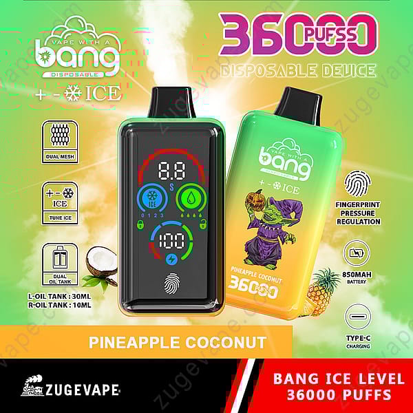 Un dispositivo per svapare monouso al gusto di ananas e cocco, 36.000 boccate, display digitale con impostazioni personalizzabili, doppi serbatoi dell'olio, regolazione della pressione tramite impronta digitale, batteria da 850 mAh e ricarica di tipo C.