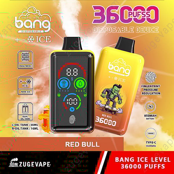 Dispositivo per svapo monouso con marchio "Bang", dotato di 36.000 boccate, aroma Red Bull, impostazioni di ghiaccio regolabili, doppia rete, batteria da 850 mAh, ricarica di tipo C e display digitale con regolazione della pressione tramite impronta digitale.