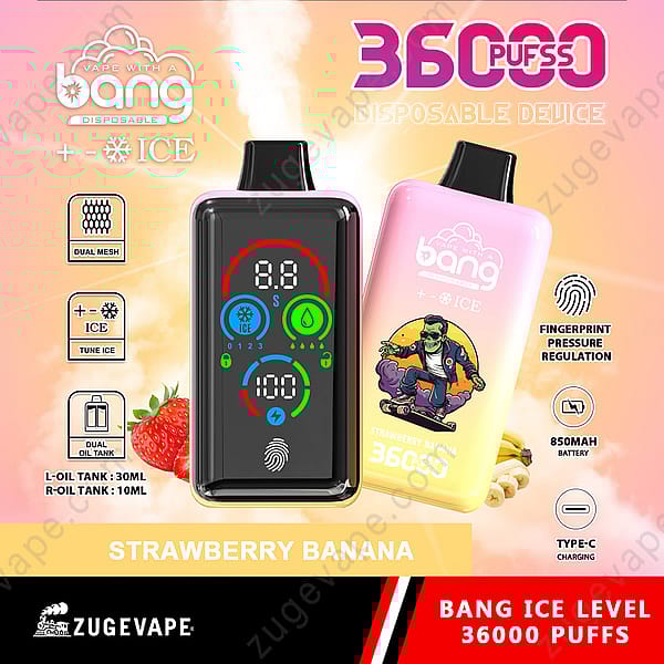 Una pubblicità colorata per un dispositivo di svapo monouso con un design nero e rosa. Il dispositivo è etichettato &quot;Bang&quot; e mostra un display digitale con varie icone e numeri, che indicano caratteristiche come il sapore del ghiaccio e il numero di tiri. Evidenzia il sapore &quot;Strawberry Banana&quot;, una capacità di 36.000 tiri, la tecnologia Dual Mesh e una batteria da 850 mAh con ricarica di tipo C. Sono presenti illustrazioni di fragole e banane, insieme a un personaggio dei cartoni animati sul Pink Vape.
