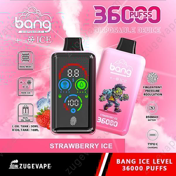Un dispositivo per svapare monouso con 36.000 boccate, aroma di fragola ghiacciata, dotato di display digitale, doppi serbatoi per l'olio (30 ml e 10 ml), tecnologia Dual Mesh, regolazione della pressione tramite impronta digitale, batteria da 850 mAh e ricarica di tipo C.