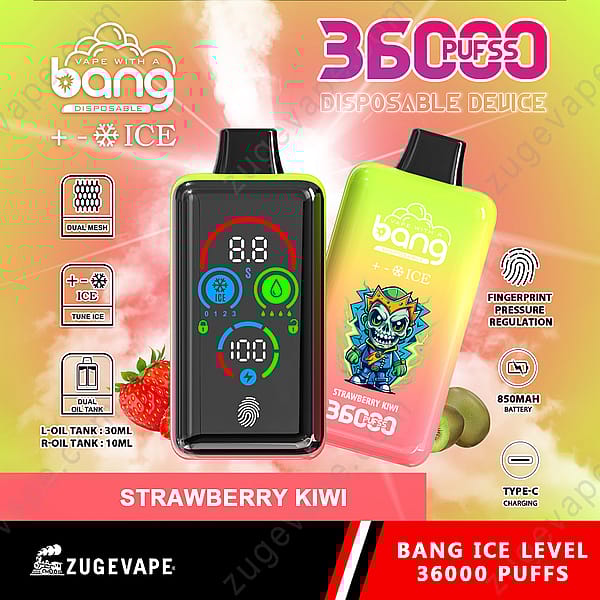 Dispositivo per svapo monouso Bang Ice Level con 36.000 boccate al gusto di fragola e kiwi, dotato di doppia rete, livello del ghiaccio regolabile, doppi serbatoi dell'olio, regolazione della pressione tramite impronta digitale, batteria da 850 mAh e ricarica di tipo C, visualizzato con interfaccia di controllo digitale e confezione colorata.