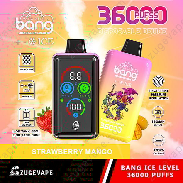 Dispositivo per svapare monouso con marchio &quot;Bang&quot;, dotato di 36000 boccate, aroma fragola e mango, impostazioni di ghiaccio regolabili, doppia rete, batteria da 850 mAh, ricarica di tipo C e display digitale con regolazione della pressione dell'impronta digitale.