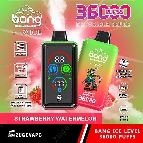 Un dispositivo per svapare colorato con marchio "Bang 36000 Disposable", che presenta caratteristiche come doppi serbatoi per l'olio (30 ml e 10 ml), regolazione della pressione tramite impronta digitale, una batteria da 850 mAh, ricarica di tipo C e un display che indica le impostazioni per i livelli di ghiaccio, la sintonizzazione e il numero di tiri, etichettato "36000 tiri" al gusto di fragola e anguria.