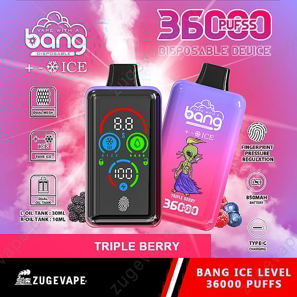 Dispositivo per svapo monouso Bang con aroma "Triple Berry" con 36.000 tiri, doppio serbatoio dell'olio (30 ml e 10 ml), regolazione della pressione tramite impronta digitale, batteria da 850 mAh, ricarica di tipo C e livello del ghiaccio regolabile.