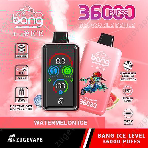 Dispositivo per svapare monouso con marchio &quot;Bang&quot;, dotato di 36000 boccate, sapore di ghiaccio all'anguria, impostazioni del ghiaccio regolabili, doppia rete, batteria da 850 mAh, ricarica di tipo C e display digitale con regolazione della pressione dell'impronta digitale.