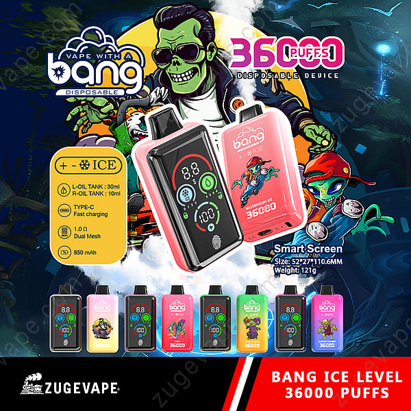 Dispositivi per svapare monouso colorati con schermi digitali, marchio "Bang Ice Level 36000 Puffs" e grafica vivace.