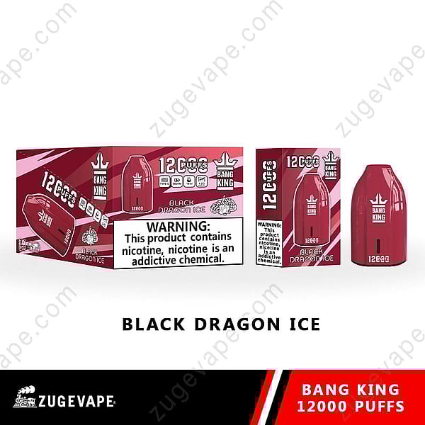 Una scatola rossa per un prodotto da svapo con l'etichetta "Bang King Black Dragon Ice" e la scritta "12.000 boccate", insieme a un avvertimento sulla dipendenza da nicotina.