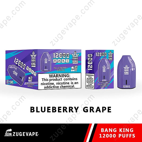 &Quot;Confezione per vaporizzatore Bang King 12000 Puffs Blueberry Grape con dispositivo viola ed etichetta di avvertenza sulla dipendenza da nicotina.&Quot;
