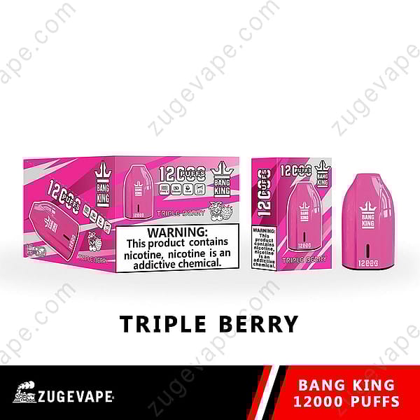 Confezione della sigaretta elettronica usa e getta Bang King da 12000 tiri al gusto Triple Berry, caratterizzata da un dispositivo rosa e da etichette di avvertenza in grassetto sulla dipendenza da nicotina.