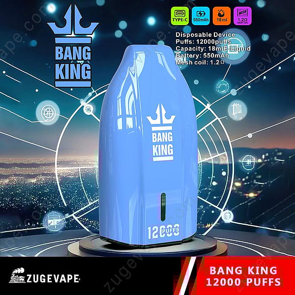 Dispositivo per svapare monouso blu con marchio "Bang King 12000 Puffs", capacità di 12000 tiri, e-liquid da 18 ml, batteria da 550 mAh e bobina a maglie da 1,2 Ω su uno sfondo futuristico.