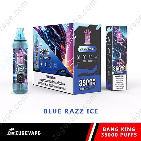 Bang King Blue Razz Ice Vape, 35.000 trekjes, gepresenteerd met verpakking en merknaam.
