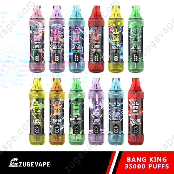 Een verzameling van 12 kleurrijke Bang King Vape-apparaten in verschillende smaken, gelabeld met '35.000 trekjes', weergegeven in twee rijen met een rood en zwart 'Zugevape'-logo onderaan.