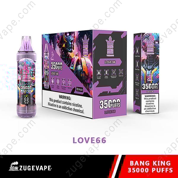 Bang King Tornado Love 66 Vape-apparaat en verpakking, gelabeld voor 35.000 trekjes, met een waarschuwing over nicotinegehalte.