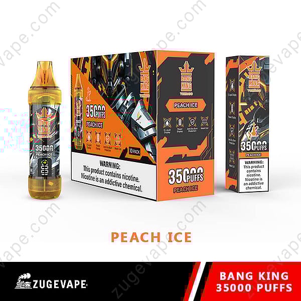 Verpakking voor vape-producten voor &Quot;Bang King Peach Ice&Quot; 35.000 trekjes, met oranje en zwart ontwerp en nicotinewaarschuwingslabels.